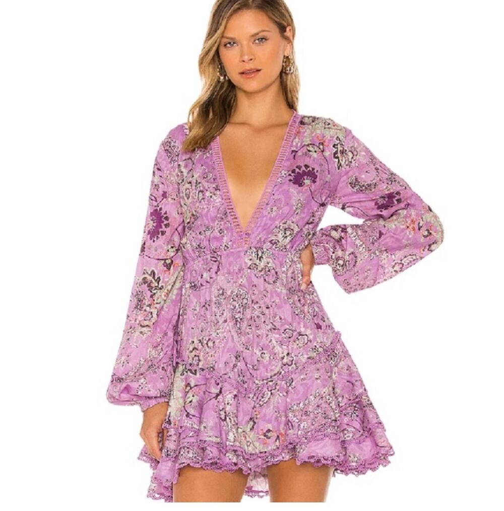 Hemant & Nandita Floral Mavi Mini Dress Lilac V Neck Orchid Women's Size L NWT